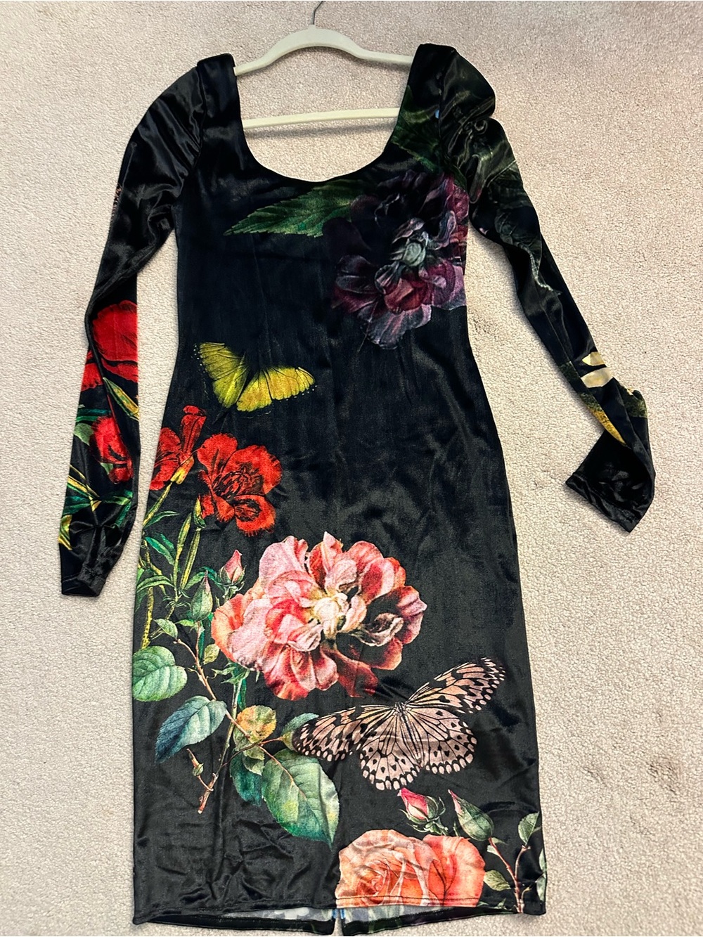 Alice + Olivia Black Velvet Floral & Butterfly Long Sleeve Dress